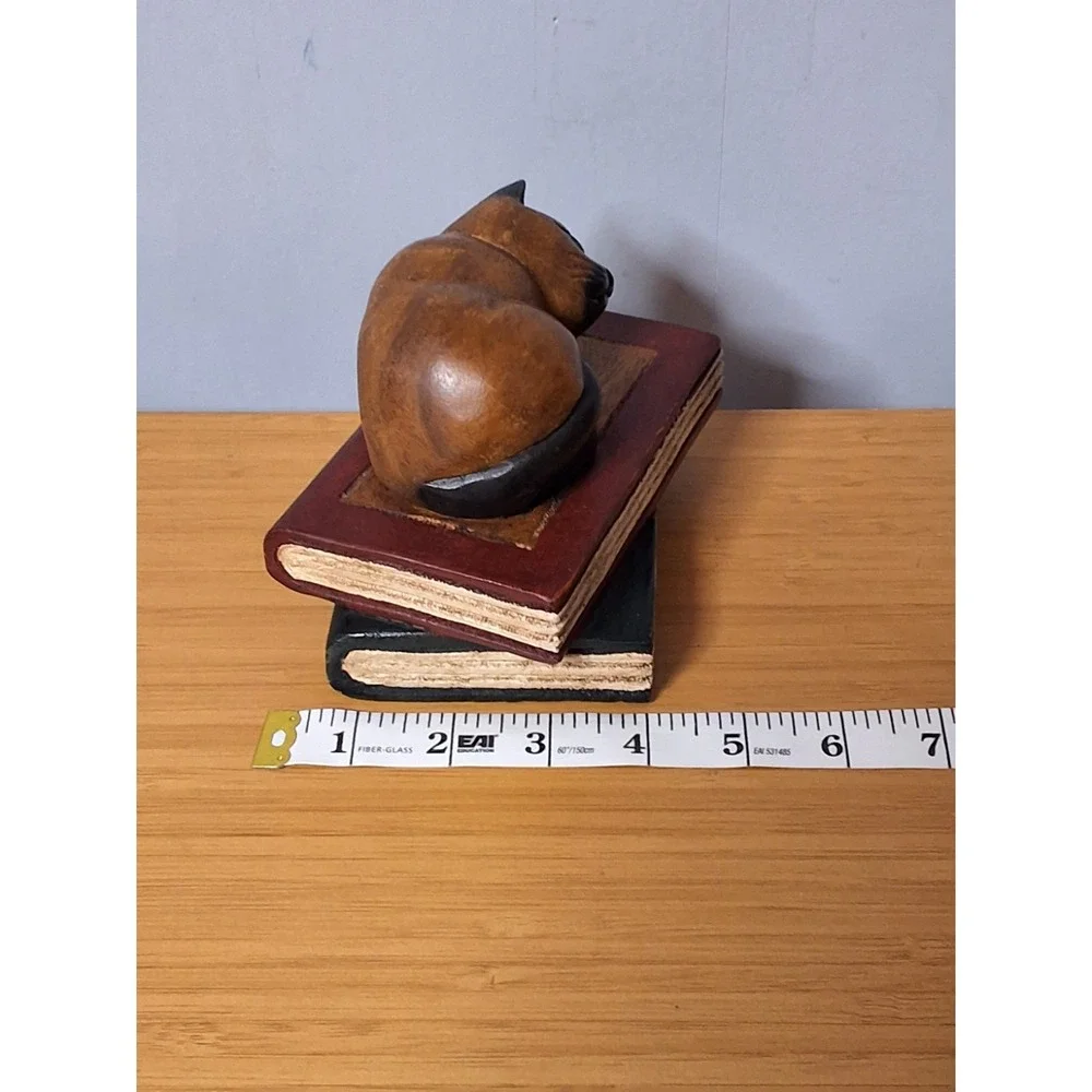 Vintage Handcrafted Wooden Cat Sleeping On Books Paper Weight. Made In Thailand